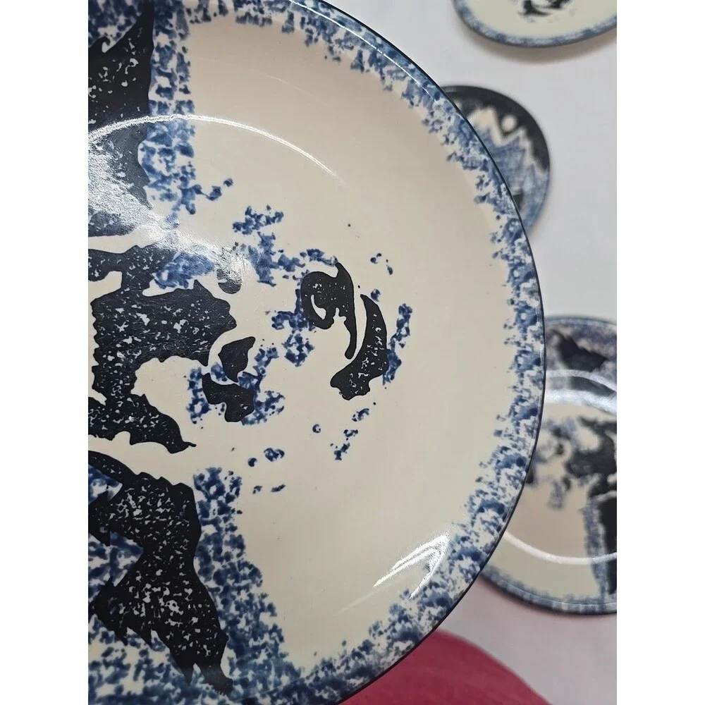 Set of 5 VTG WOLF by TIENSHAN FOLK CRAFT 7 5/8' Salad Dessert Plates Blue**READ*